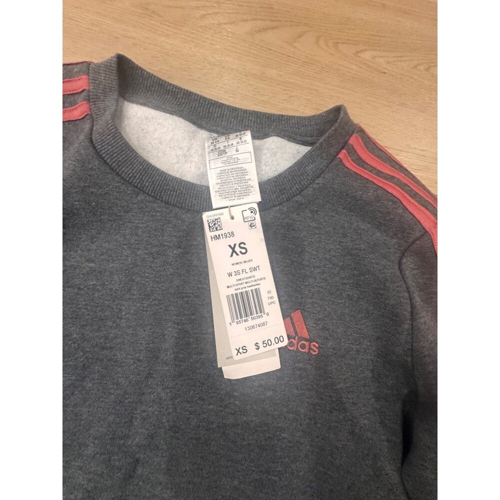 Adidas Womens XS Gray Sweatshirt With Coral Stripes & Logo - W 3S FL SWT - Picture 2 of 7